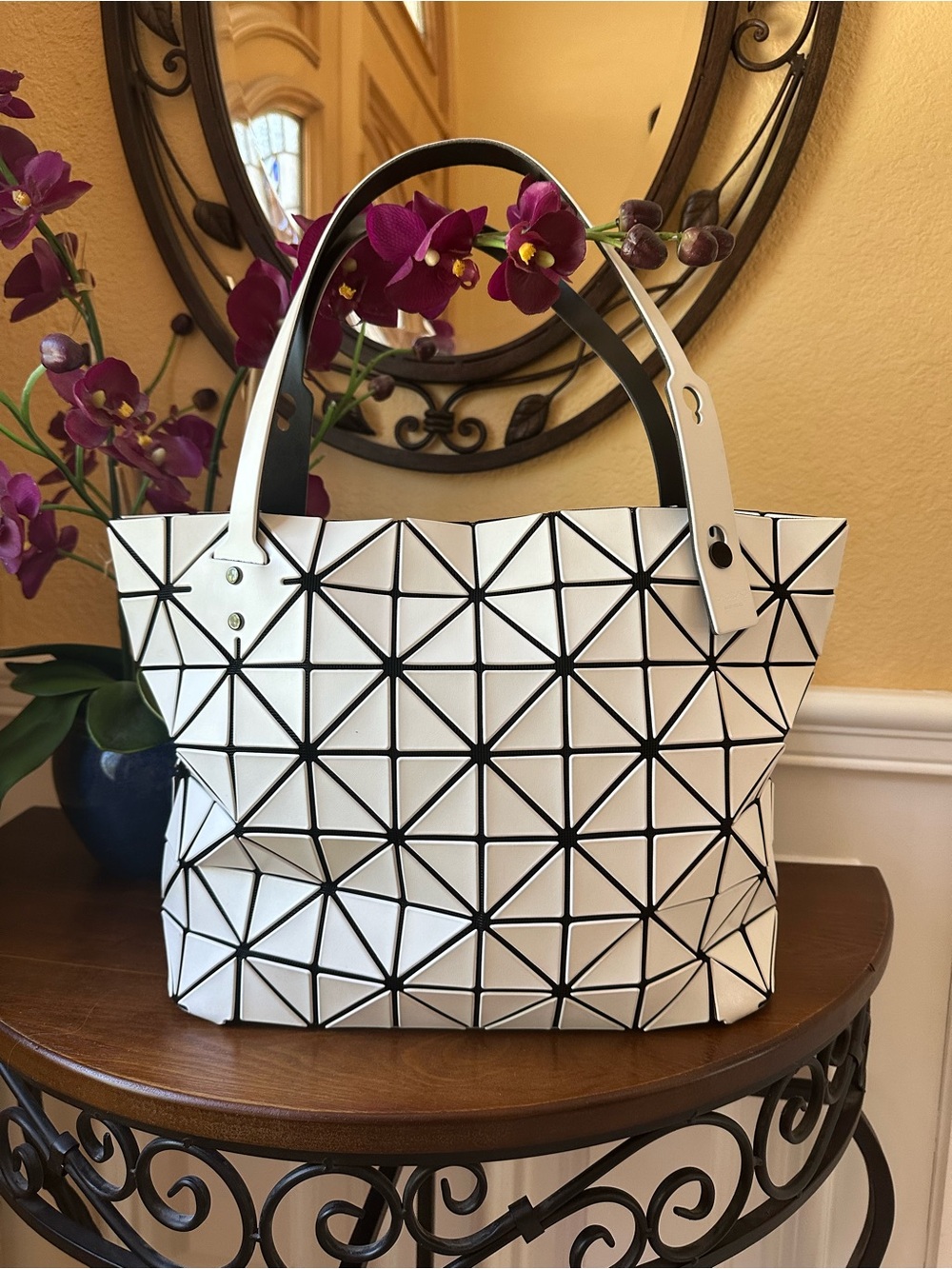 Authentic Issey Miyake White Geometric Tote with Black Grid